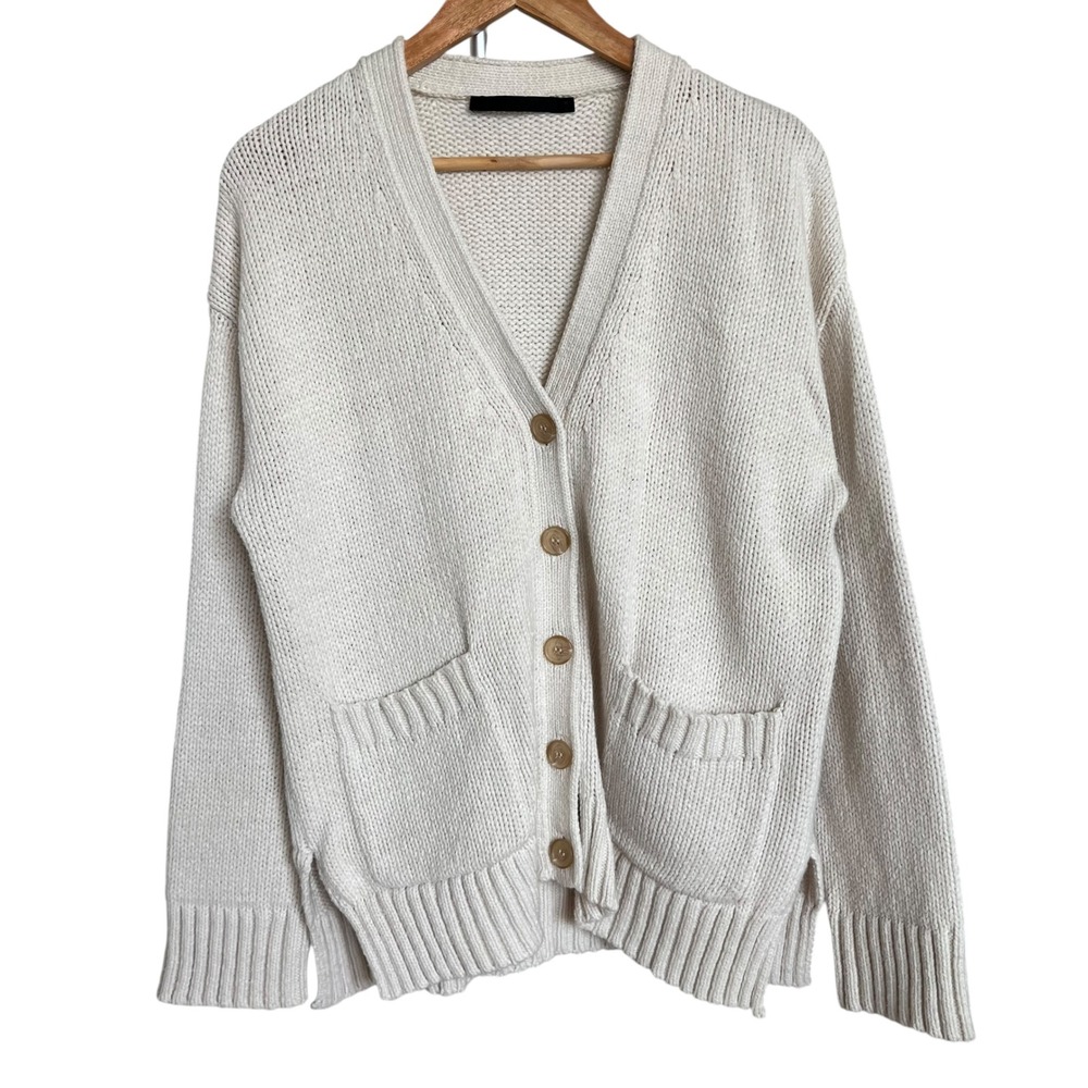 Jenni Kayne Cody Chunky Cream Knit Button Cardigan Front Pockets SZ M Minimalist - Picture 2 of 15